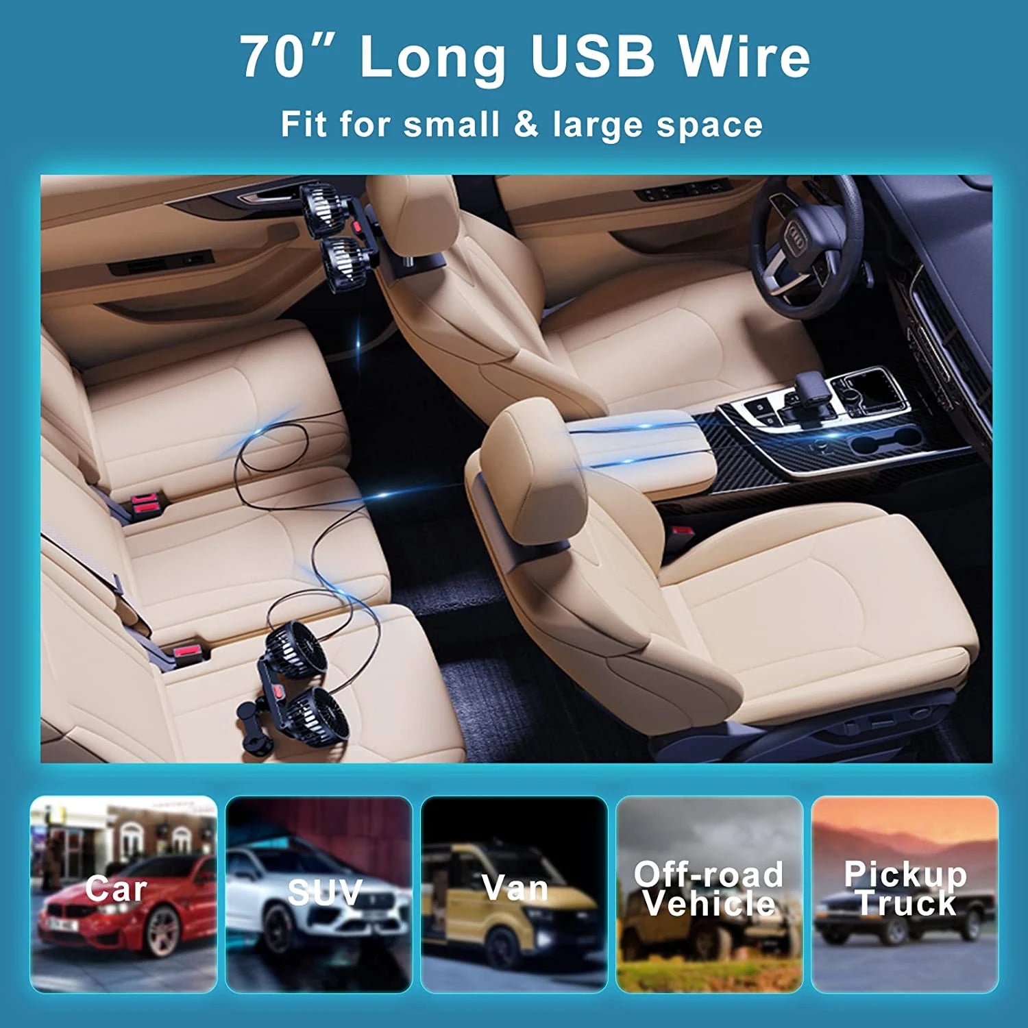 USB Dual-Head Car Fan with 360° Adjustable Hose