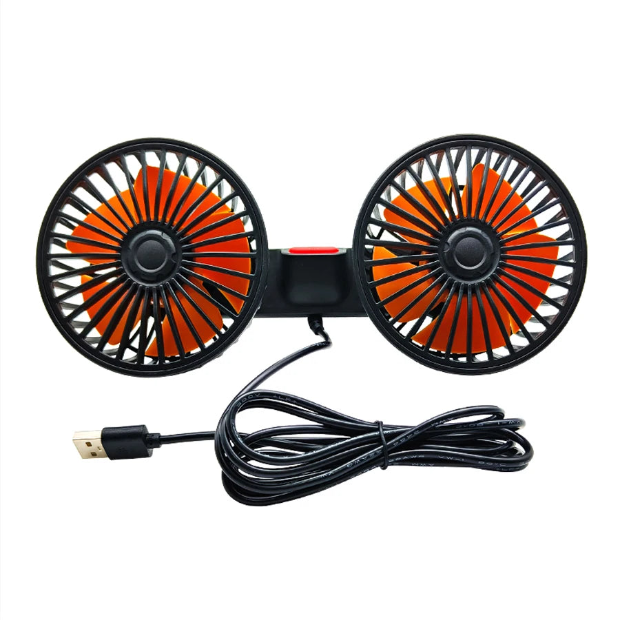 USB Dual-Head Car Fan with 360° Adjustable Hose